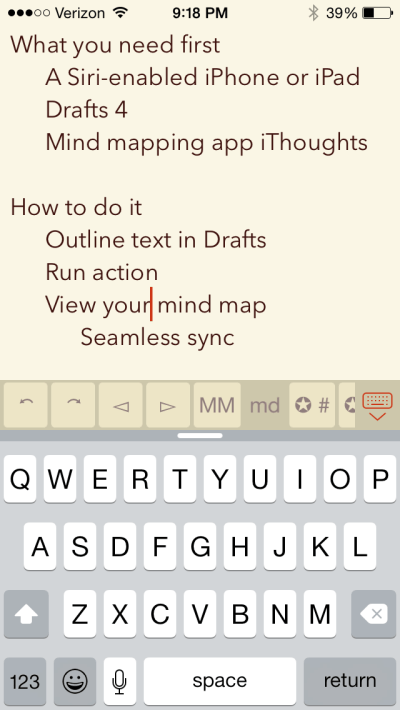 Text in Drafts for Mind Map