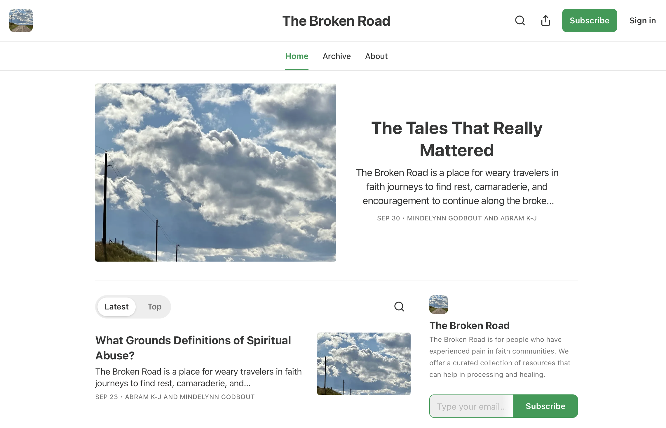 A screenshot of The Broken Road Substack home page